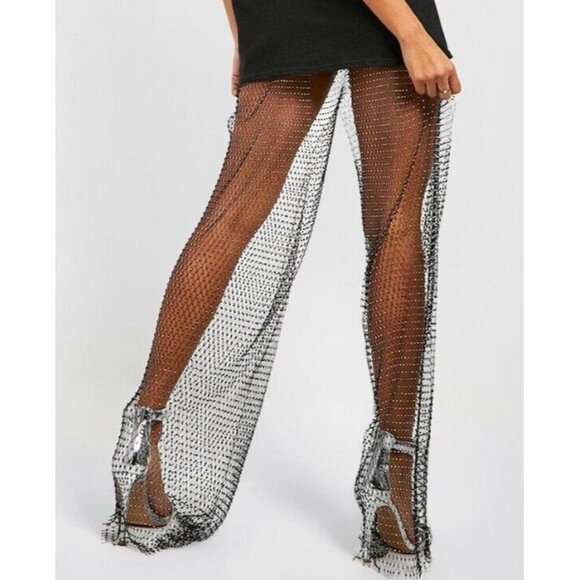 BOOHOO WOMEN'S PREMIUM DIAMANTE MESH WIDE LEG FLARES BLACK ONE SIZE NEW - Picture 2 of 5